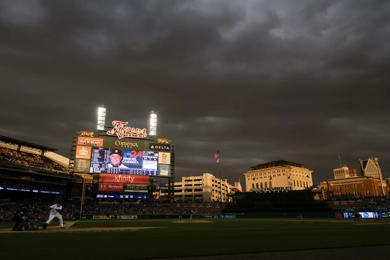 Comerica Park under dramatic sky