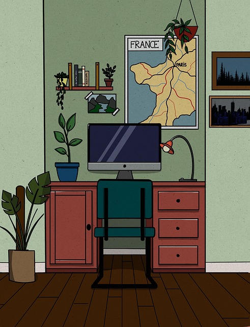 Desk with computer and plants